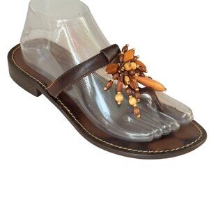 OSCAR De LaRENTA Women's Brown Leather Beaded Sandals Thongs Italy Size 39.5